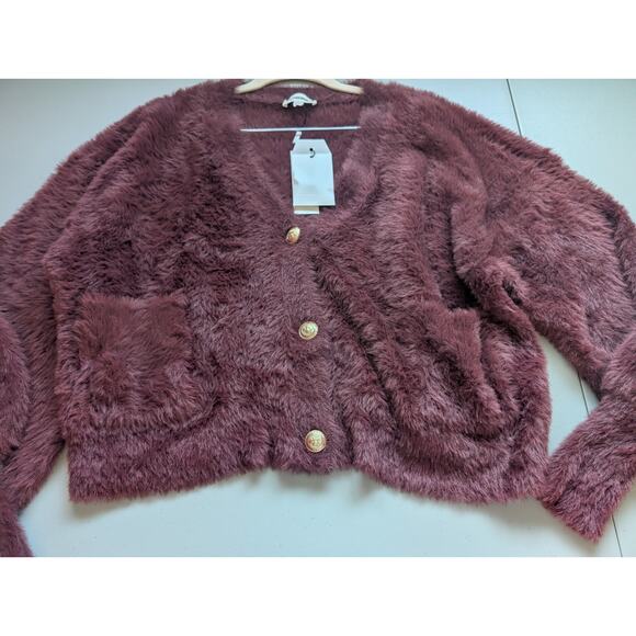 NWT L'Agence Harriet Fuzzy Knit Blouson Sleeve Cardigan Size XXL Burgundy #3D511 - Picture 4 of 11